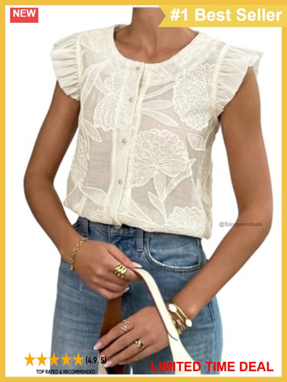 Women's Embroidered Boho Sheer Button Down Blouse Cap Sleeve Casual Top